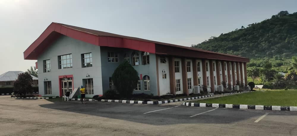 Event centre building with parking and landscaped grounds